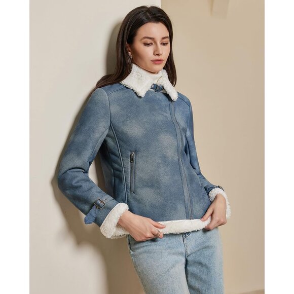 Women's Blue Denim Leather Jacket Fur Winter Coat Warm Thick Fur Lined Faux - Picture 2 of 6